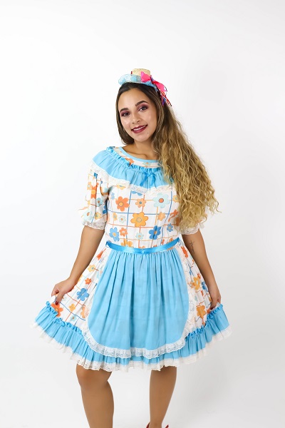 Festa Junina Vestido branco flor laranja azul